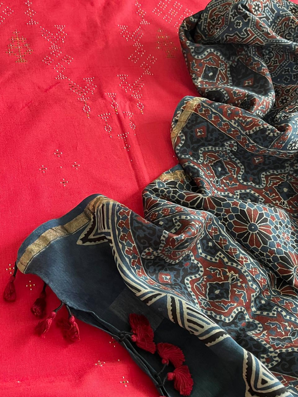 Pure Cotton Tangalia Handwoven Kurta paired with Chanderi Handblock Ajrakh Dupatta - Red with Blue