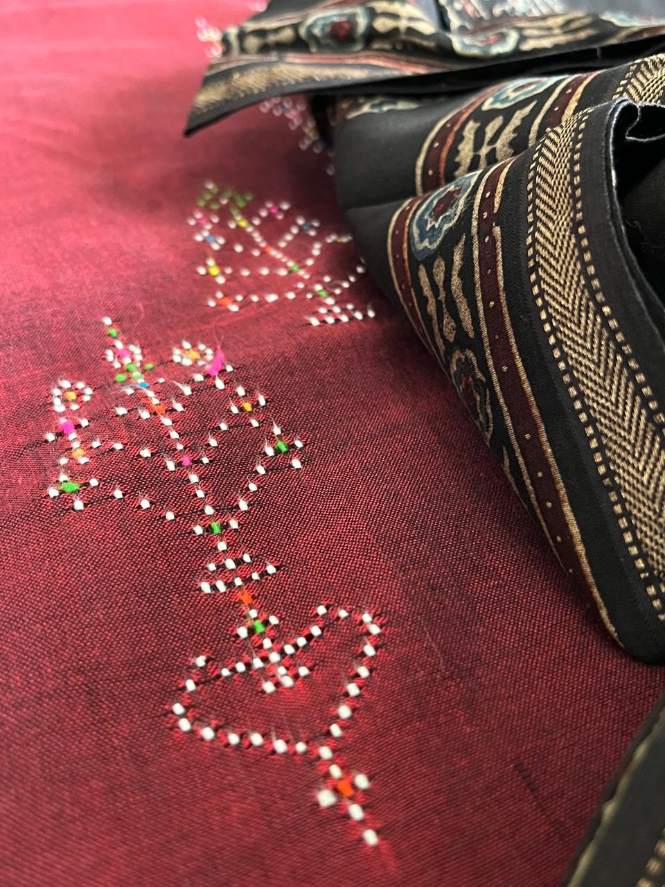 Pure Cotton Tangalia Handwoven Kurta paired with Chanderi Handblock Ajrakh Dupatta - Maroon with Charcoal Black