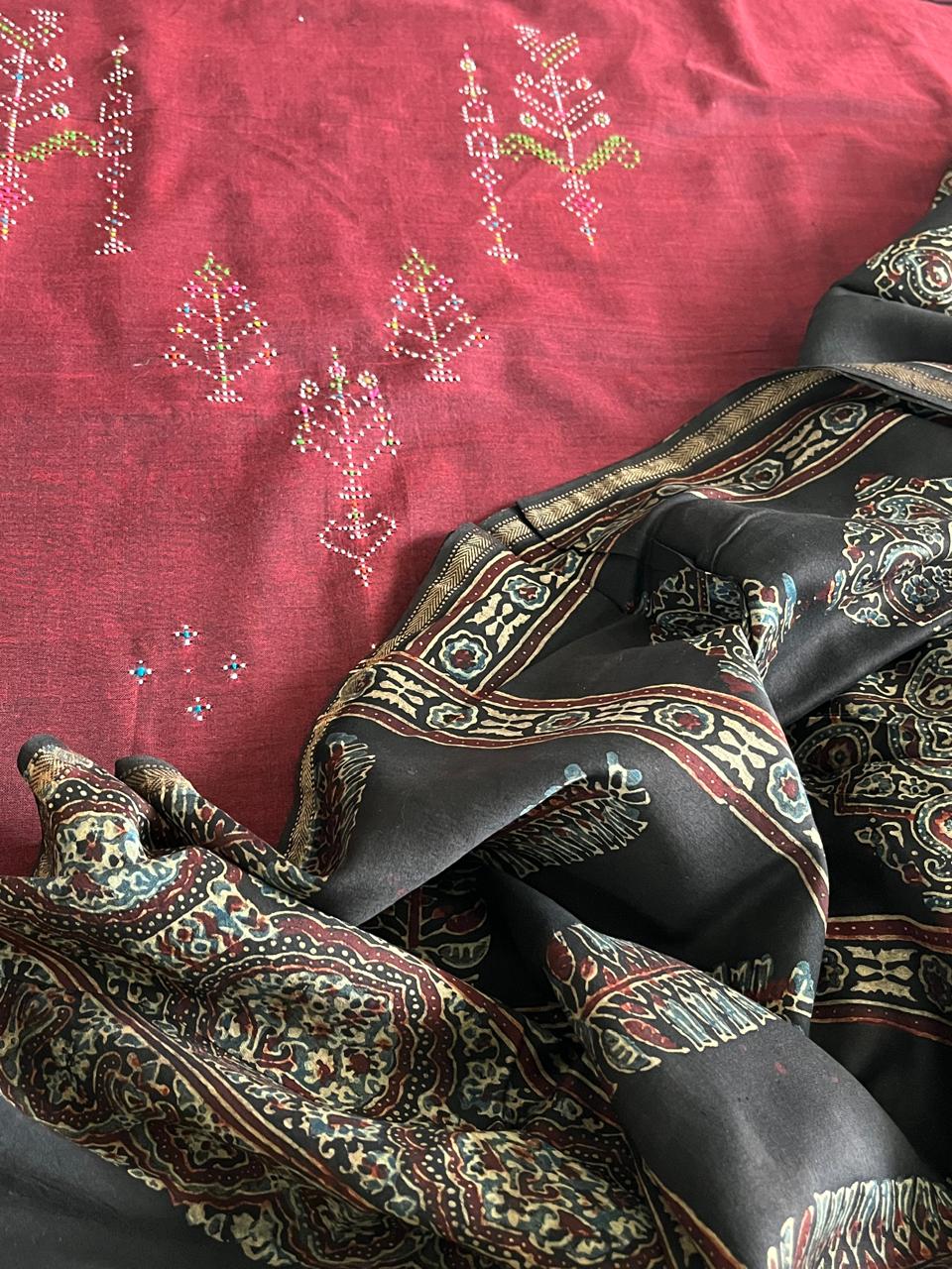 Pure Cotton Tangalia Handwoven Kurta paired with Chanderi Handblock Ajrakh Dupatta - Maroon with Charcoal Black