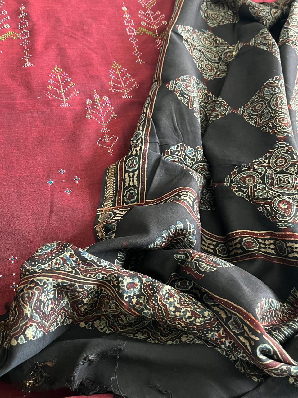 Pure Cotton Tangalia Handwoven Kurta paired with Chanderi Handblock Ajrakh Dupatta - Maroon with Charcoal Black