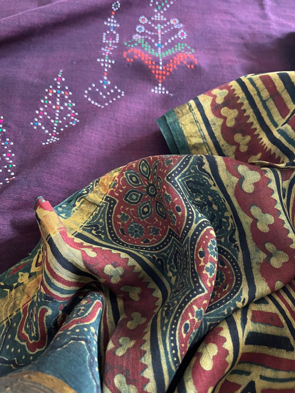 Pure Cotton Tangalia Handwoven Kurta paired with Chanderi Handblock Ajrakh Dupatta - Purple with Green