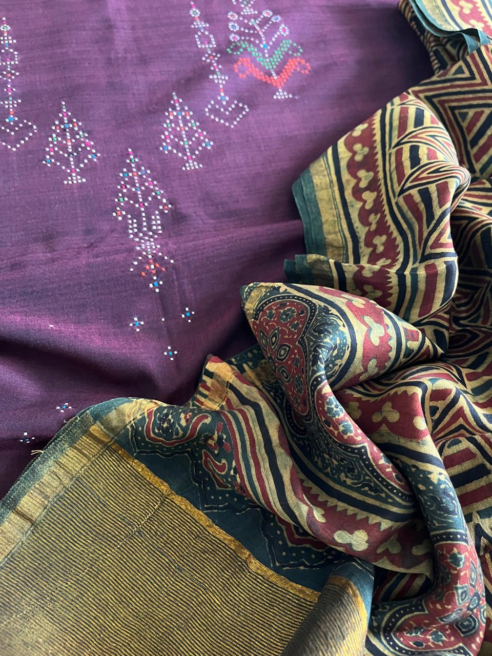 Pure Cotton Tangalia Handwoven Kurta paired with Chanderi Handblock Ajrakh Dupatta - Purple with Green