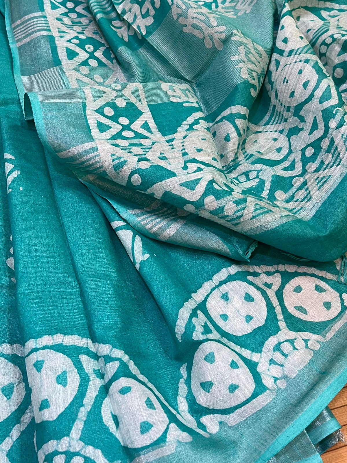 Pure Cotton Wax Batik Saree with zari border - Teal