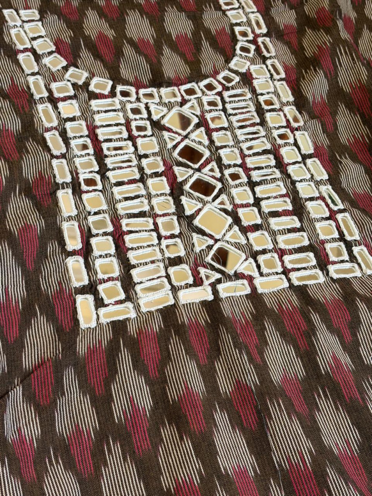 Image of Pure Cotton Woven Ikkat Kurta with Real Mirror work