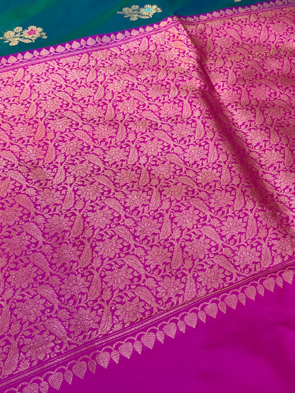 Pure Handloom Banarasi Katan Silk Saree with Kadwa Meenakari Buttis Rani Pink Zari Border