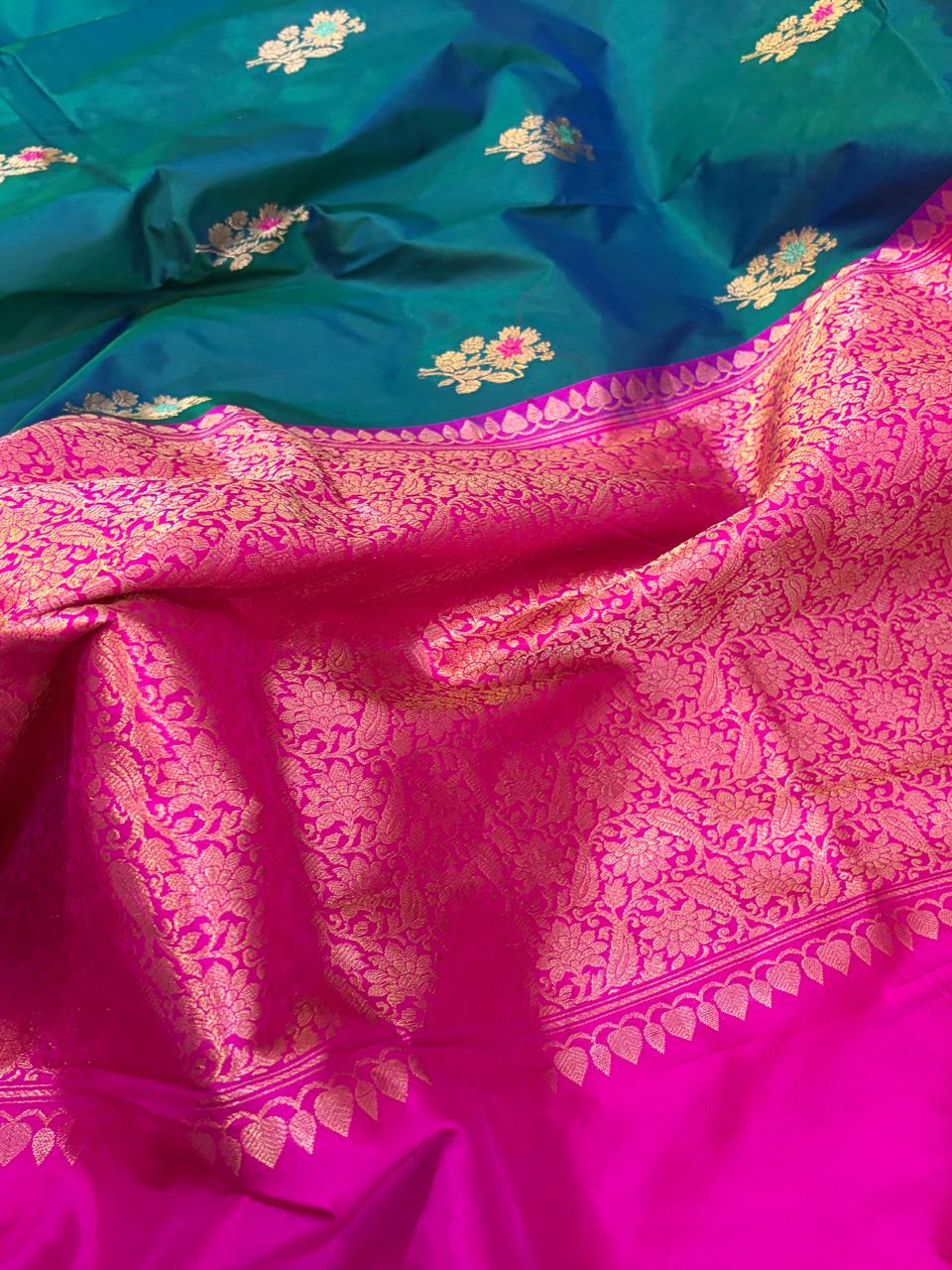 Pure Handloom Banarasi Katan Silk Saree with Kadwa Meenakari Buttis Rani Pink Zari Border