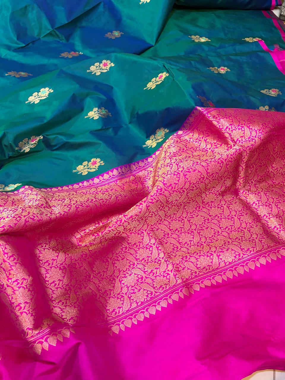 Pure Handloom Banarasi Katan Silk Saree with Kadwa Meenakari Buttis  Rani Pink Zari Border
