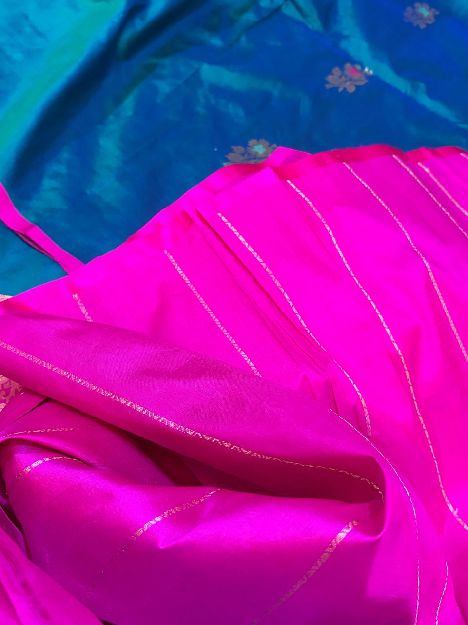 Pure Handloom Banarasi Katan Silk Saree with Kadwa Meenakari Buttis  Rani Pink Zari Border