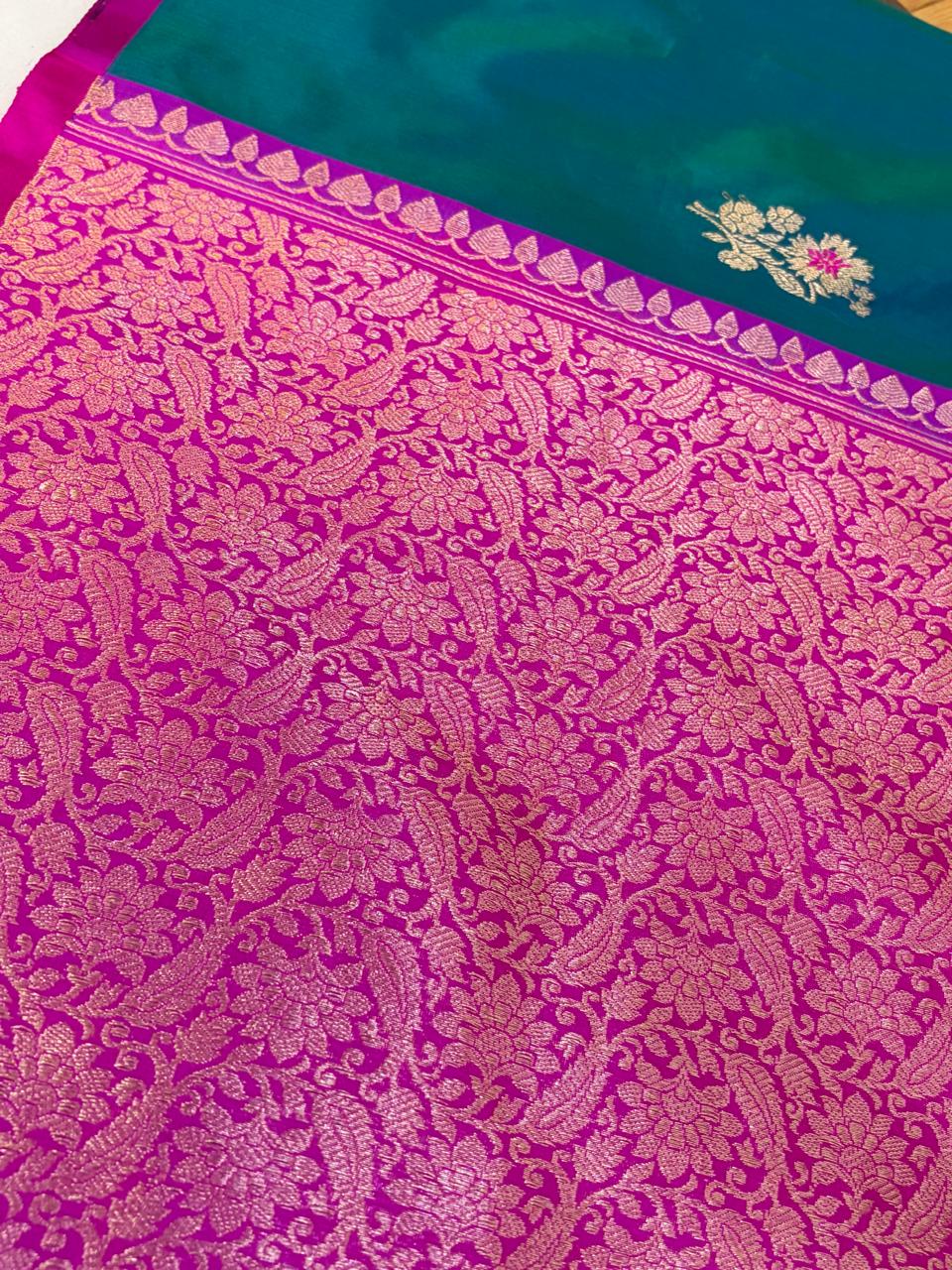 Pure Handloom Banarasi Katan Silk Saree with Kadwa Meenakari Buttis  Rani Pink Zari Border