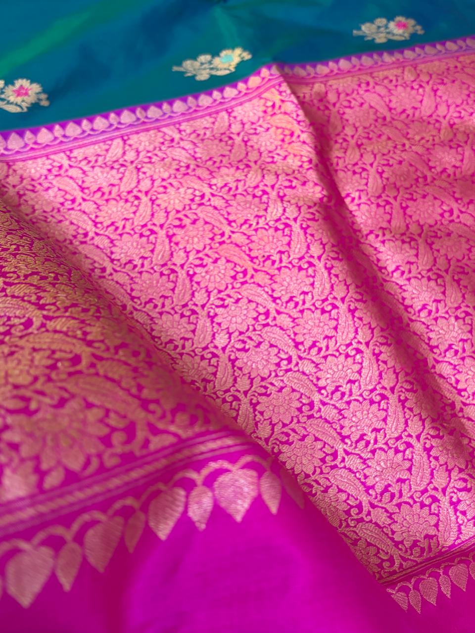 Pure Handloom Banarasi Katan Silk Saree with Kadwa Meenakari Buttis  Rani Pink Zari Border