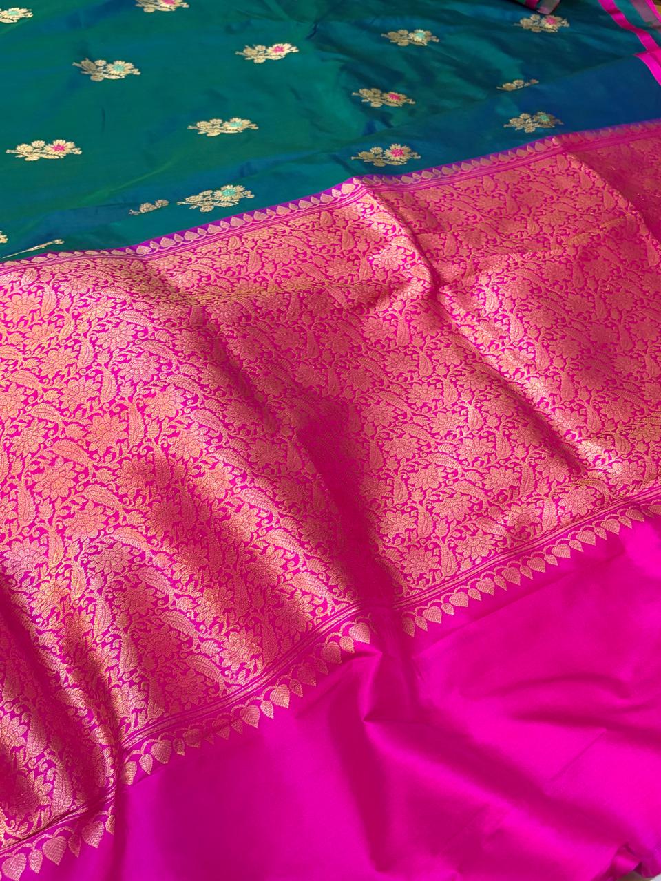 Pure Handloom Banarasi Katan Silk Saree with Kadwa Meenakari Buttis  Rani Pink Zari Border