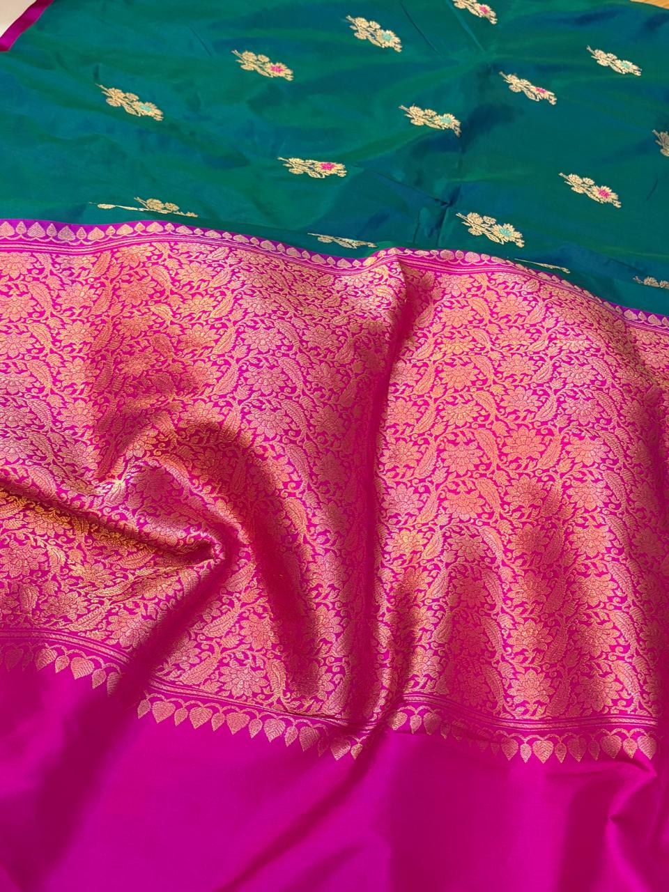 Pure Handloom Banarasi Katan Silk Saree with Kadwa Meenakari Buttis  Rani Pink Zari Border