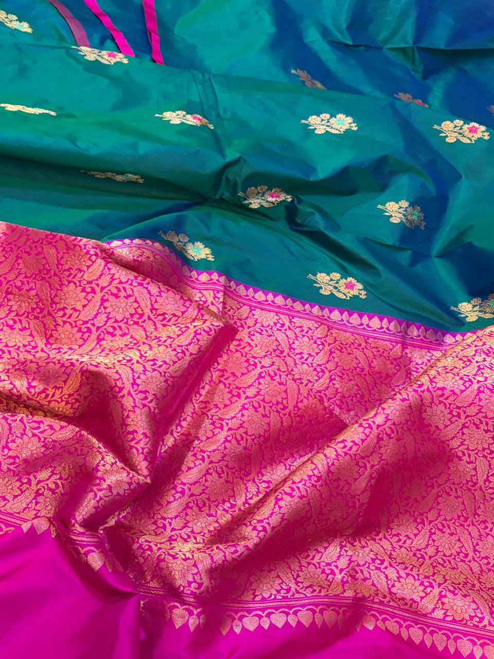 Pure Handloom Banarasi Katan Silk Saree with Kadwa Meenakari Buttis Rani Pink Zari Border