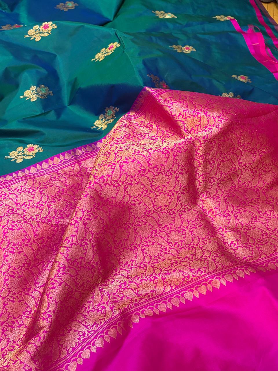 Pure Handloom Banarasi Katan Silk Saree with Kadwa Meenakari Buttis  Rani Pink Zari Border