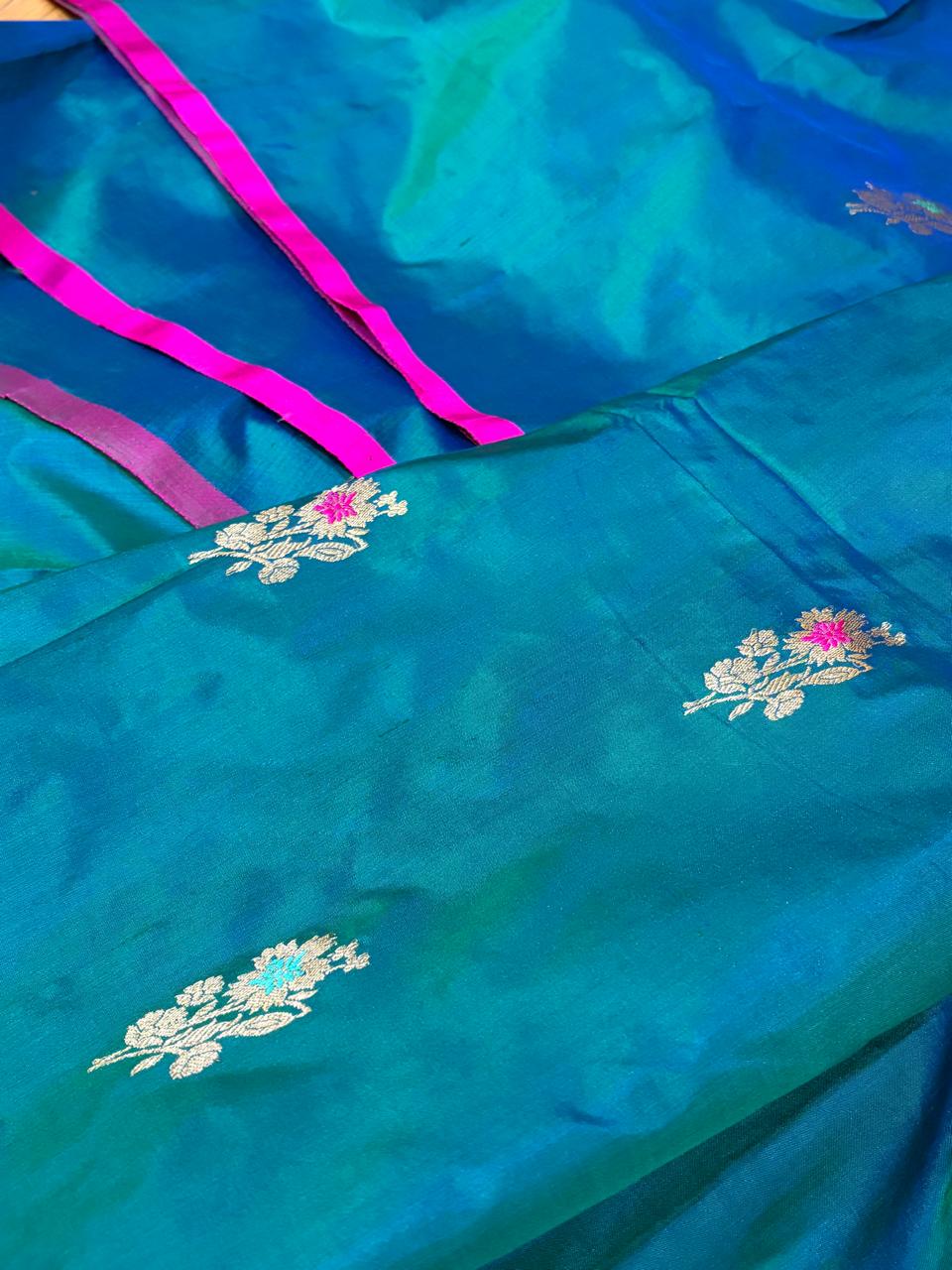 Pure Handloom Banarasi Katan Silk Saree with Kadwa Meenakari Buttis  Rani Pink Zari Border