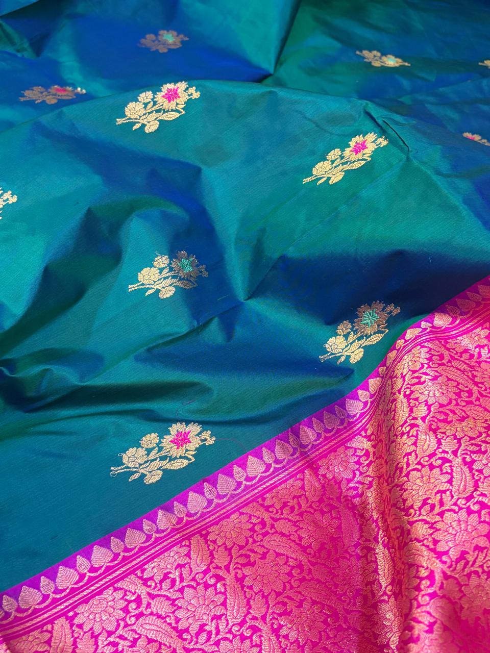 Pure Handloom Banarasi Katan Silk Saree with Kadwa Meenakari Buttis  Rani Pink Zari Border