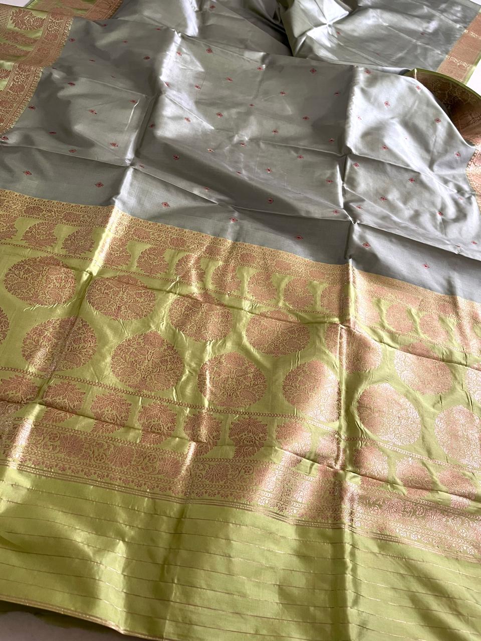 Pure Handloom Banarasi Katan Silk saree with Kadwa Buttis - Grey with Lime