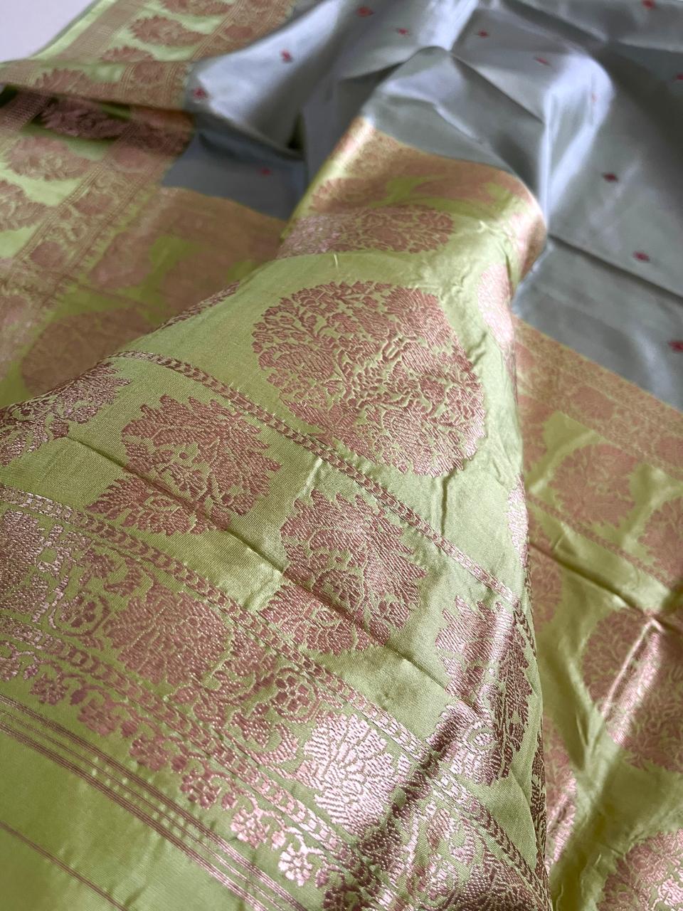 Pure Handloom Banarasi Katan Silk saree with Kadwa Buttis - Grey with Lime