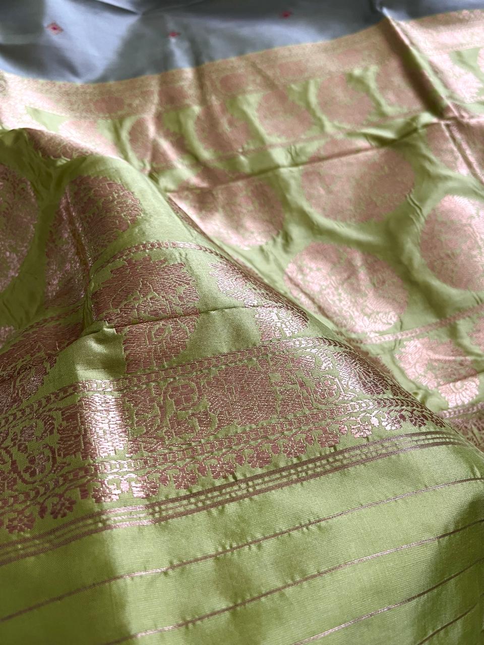 Pure Handloom Banarasi Katan Silk saree with Kadwa Buttis - Grey with Lime