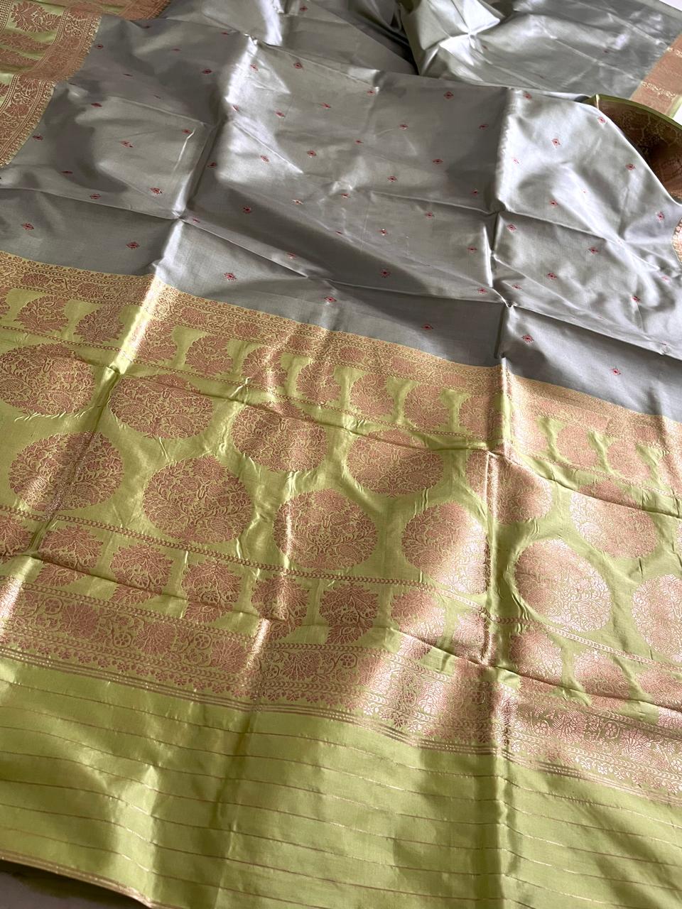Pure Handloom Banarasi Katan Silk saree with Kadwa Buttis - Grey with Lime