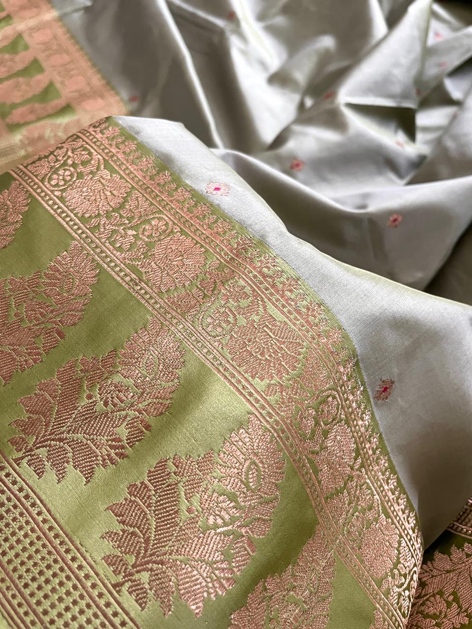 Pure Handloom Banarasi Katan Silk saree with Kadwa Buttis - Grey with Lime