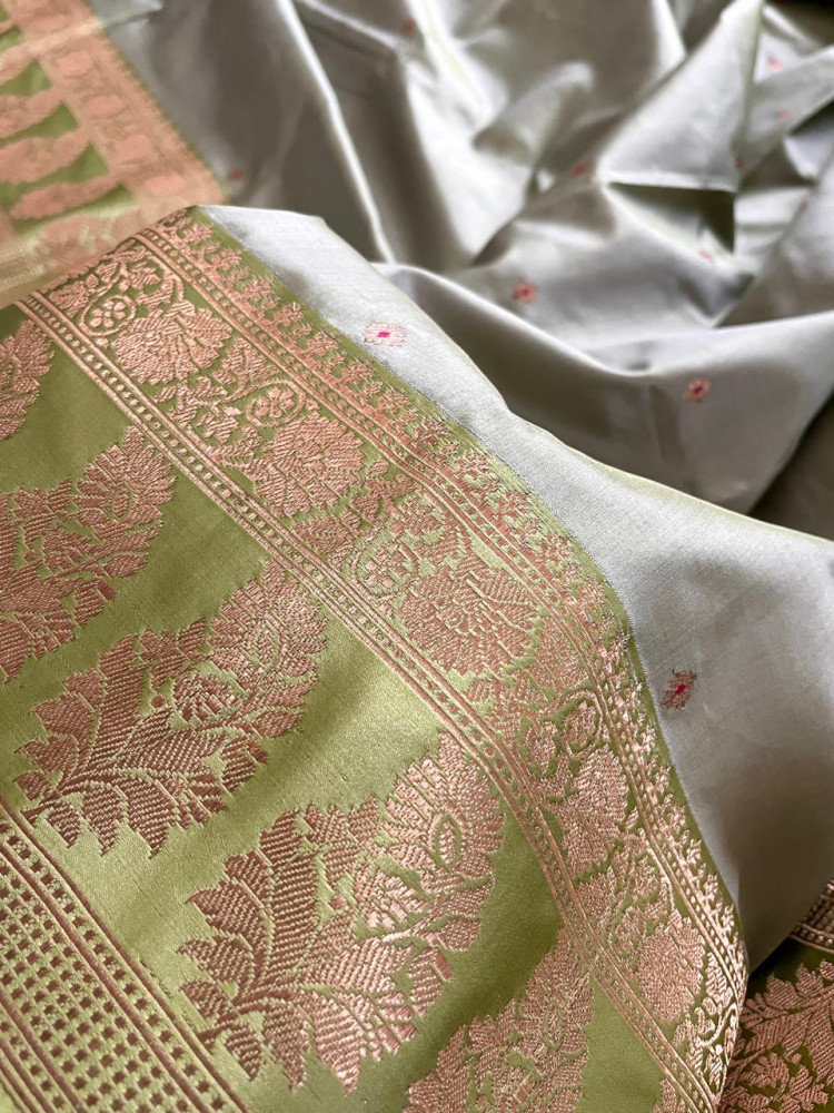 Image of Pure Handloom Banarasi Katan Silk saree with Kadwa Buttis - Grey with Lime