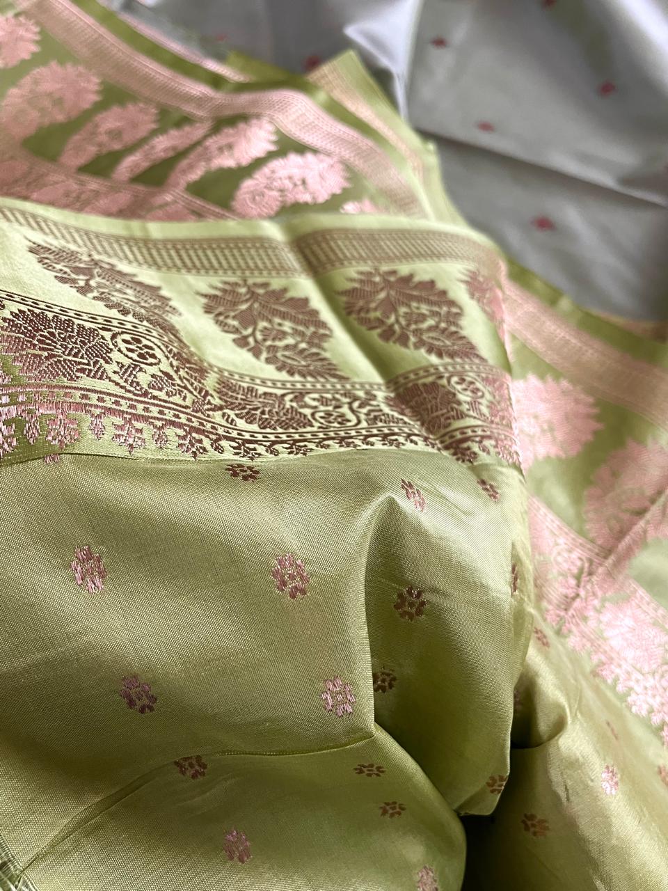 Pure Handloom Banarasi Katan Silk saree with Kadwa Buttis - Grey with Lime