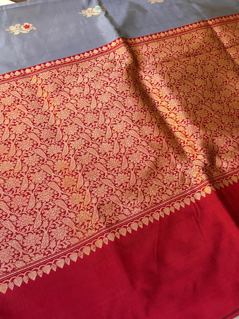 Pure Handloom Banarasi Katan Silk Saree in Silver Grey with Red Zari Border  Kadwa Meenakari Buttis