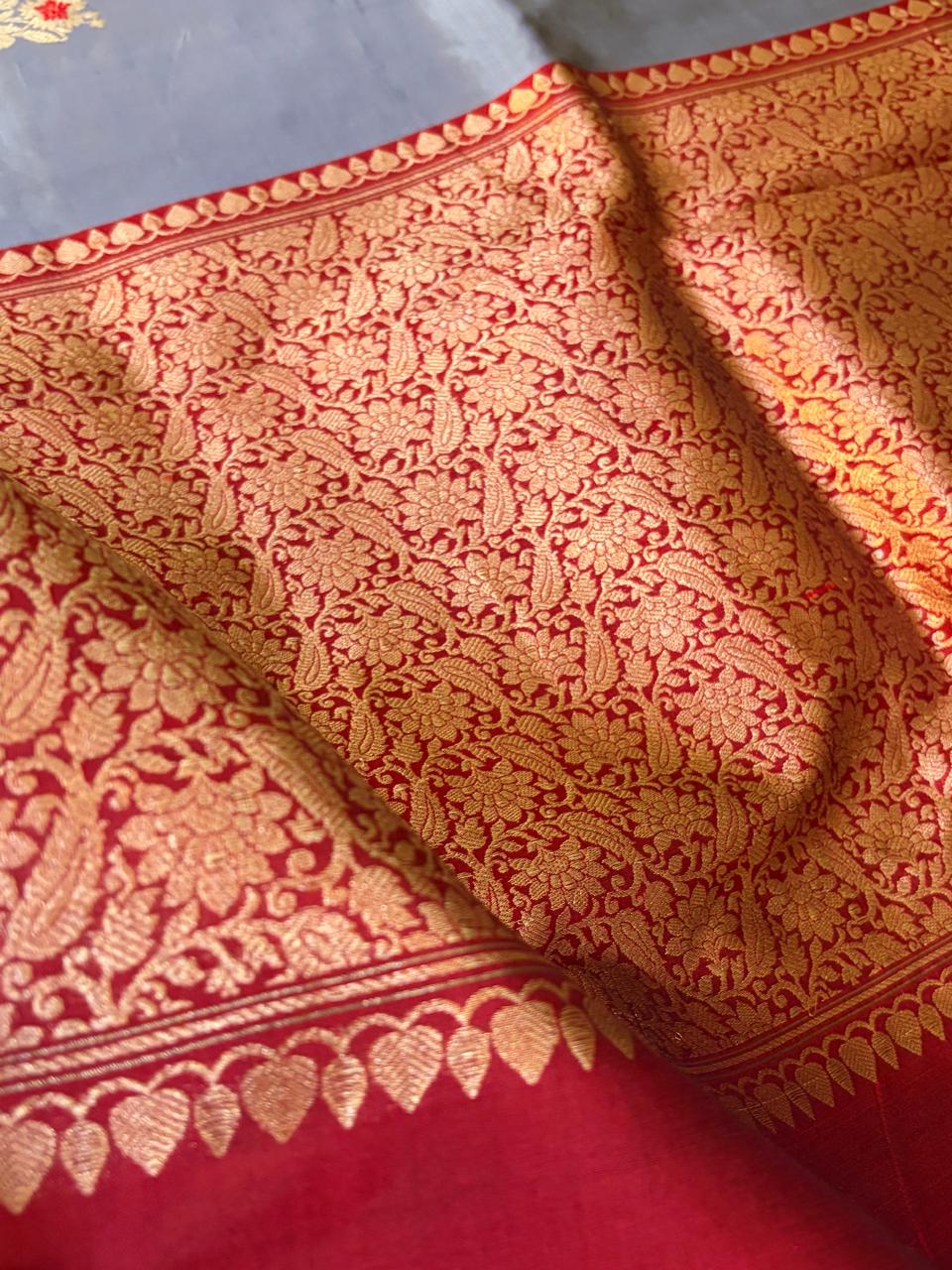 Pure Handloom Banarasi Katan Silk Saree in Silver Grey with Red Zari Border  Kadwa Meenakari Buttis