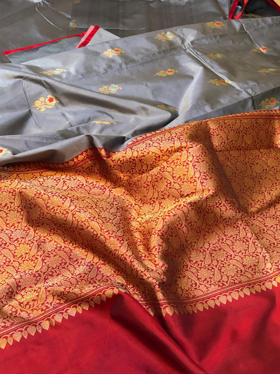 Pure Handloom Banarasi Katan Silk Saree in Silver Grey with Red Zari Border  Kadwa Meenakari Buttis