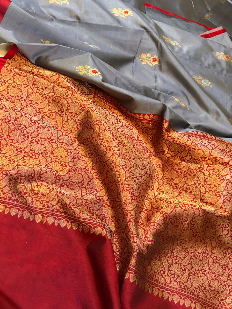 Pure Handloom Banarasi Katan Silk Saree in Silver Grey with Red Zari Border  Kadwa Meenakari Buttis