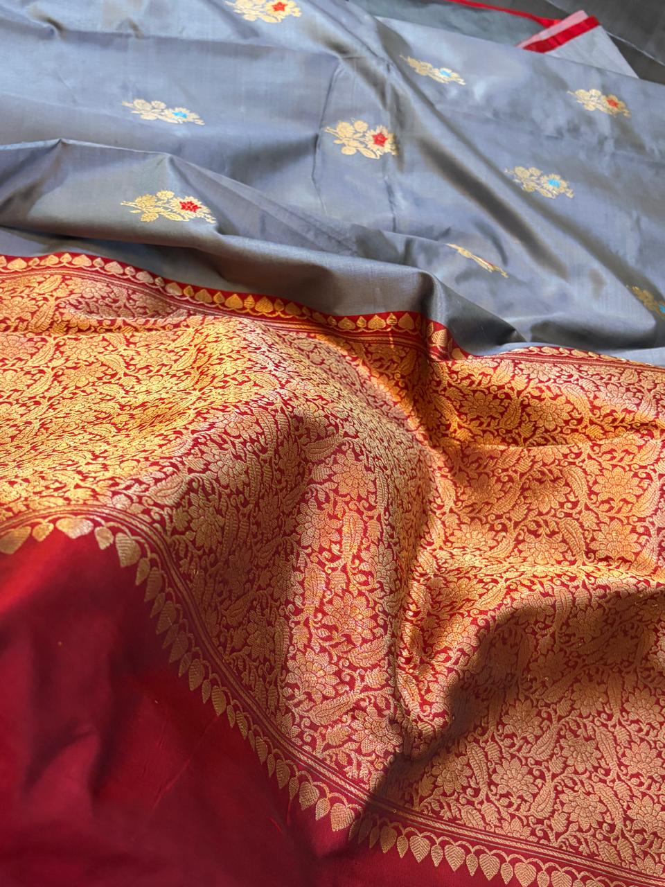 Pure Handloom Banarasi Katan Silk Saree in Silver Grey with Red Zari Border  Kadwa Meenakari Buttis