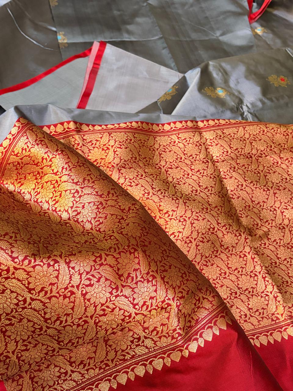 Pure Handloom Banarasi Katan Silk Saree in Silver Grey with Red Zari Border  Kadwa Meenakari Buttis
