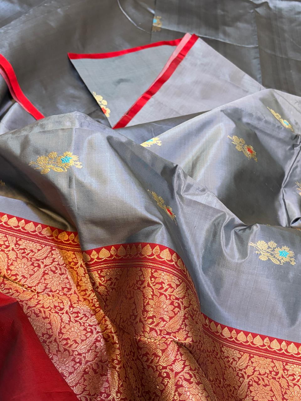 Pure Handloom Banarasi Katan Silk Saree in Silver Grey with Red Zari Border  Kadwa Meenakari Buttis