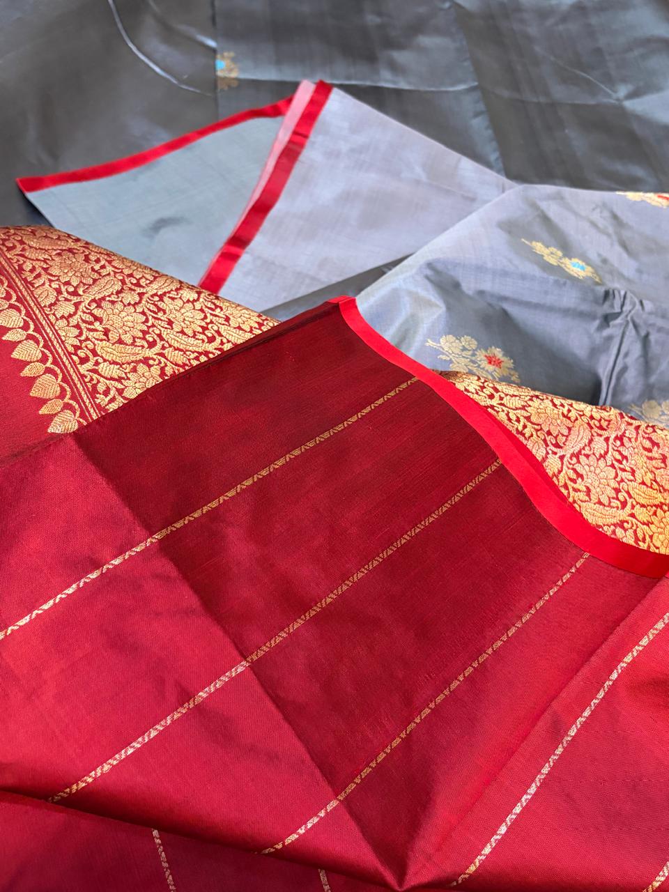 Pure Handloom Banarasi Katan Silk Saree in Silver Grey with Red Zari Border Kadwa Meenakari Buttis