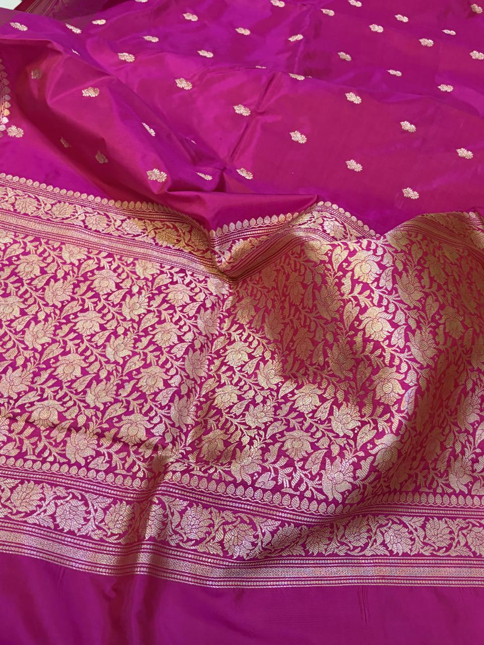 Hot Pink Handloom Banarasi Katan Silk Saree with Kadwa Buttis Silver Zari Weaving