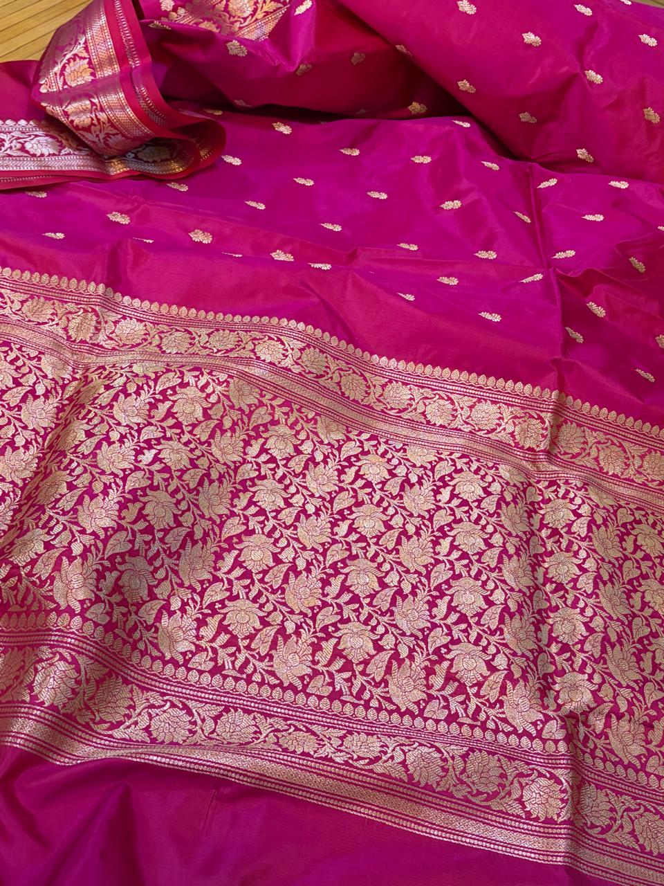 Hot Pink Handloom Banarasi Katan Silk Saree with Kadwa Buttis  Silver Zari Weaving