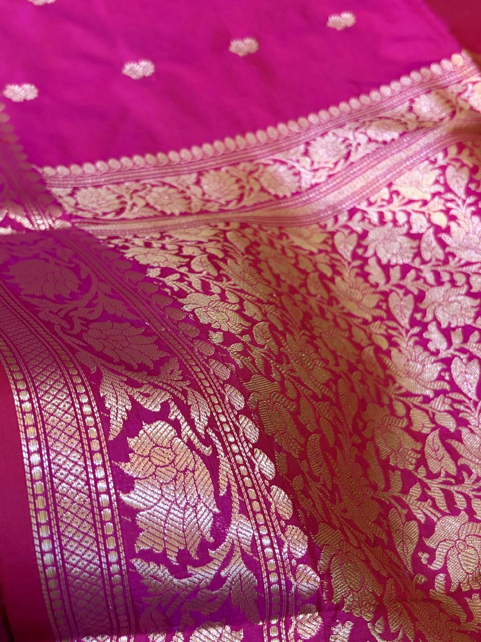 Hot Pink Handloom Banarasi Katan Silk Saree with Kadwa Buttis  Silver Zari Weaving