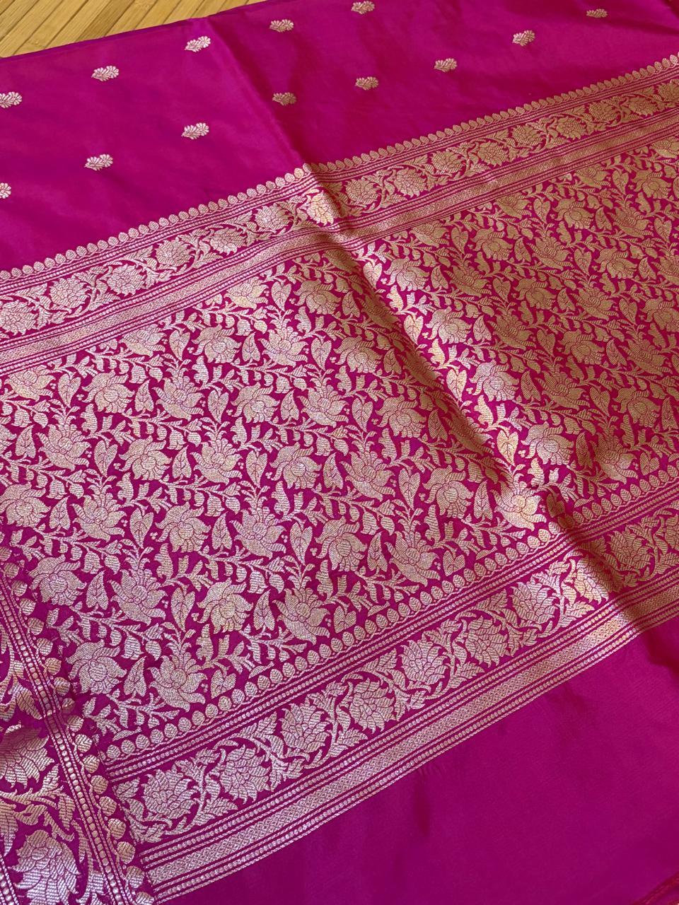 Hot Pink Handloom Banarasi Katan Silk Saree with Kadwa Buttis  Silver Zari Weaving