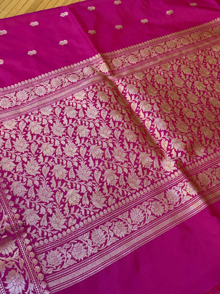 Image of Hot Pink Handloom Banarasi Katan Silk Saree with Kadwa Buttis &amp; Silver Zari Weaving