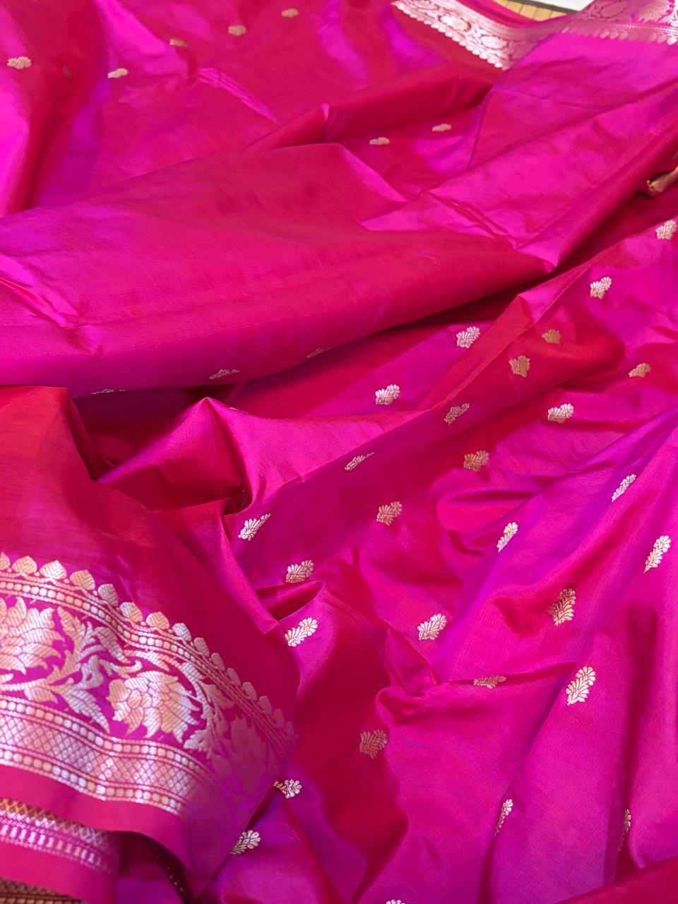 Hot Pink Handloom Banarasi Katan Silk Saree with Kadwa Buttis  Silver Zari Weaving