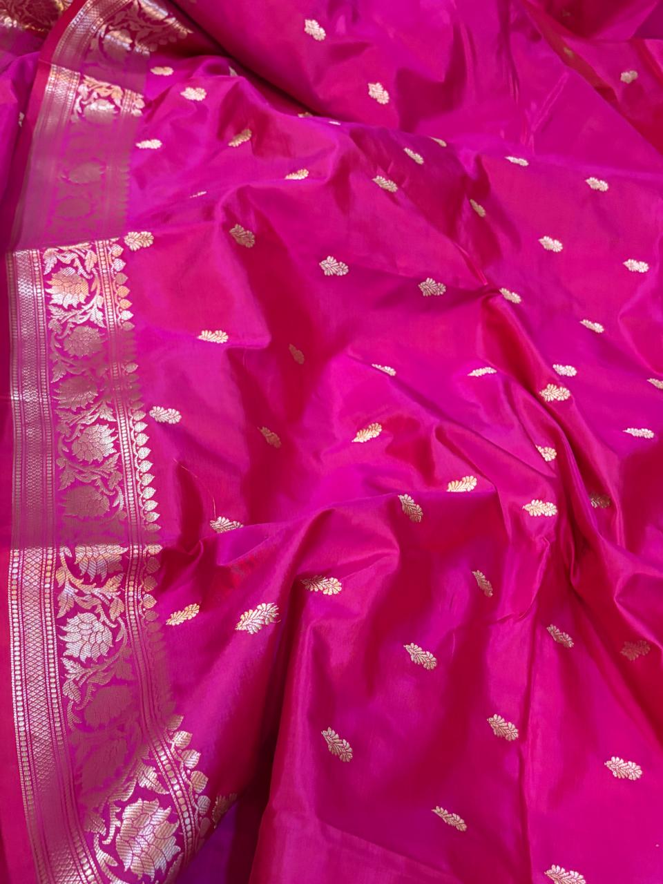 Hot Pink Handloom Banarasi Katan Silk Saree with Kadwa Buttis  Silver Zari Weaving