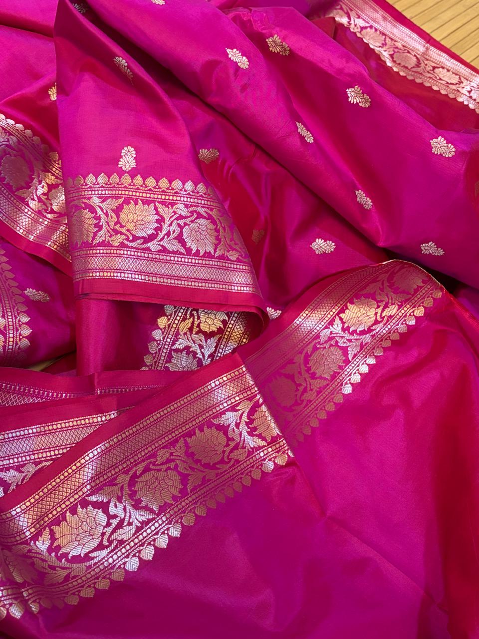 Hot Pink Handloom Banarasi Katan Silk Saree with Kadwa Buttis  Silver Zari Weaving