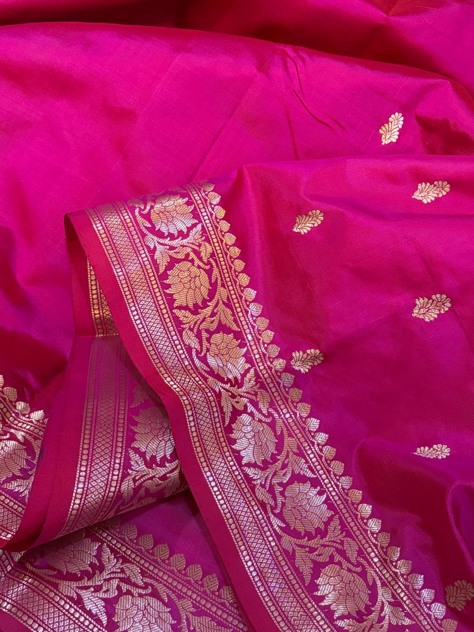 Hot Pink Handloom Banarasi Katan Silk Saree with Kadwa Buttis Silver Zari Weaving