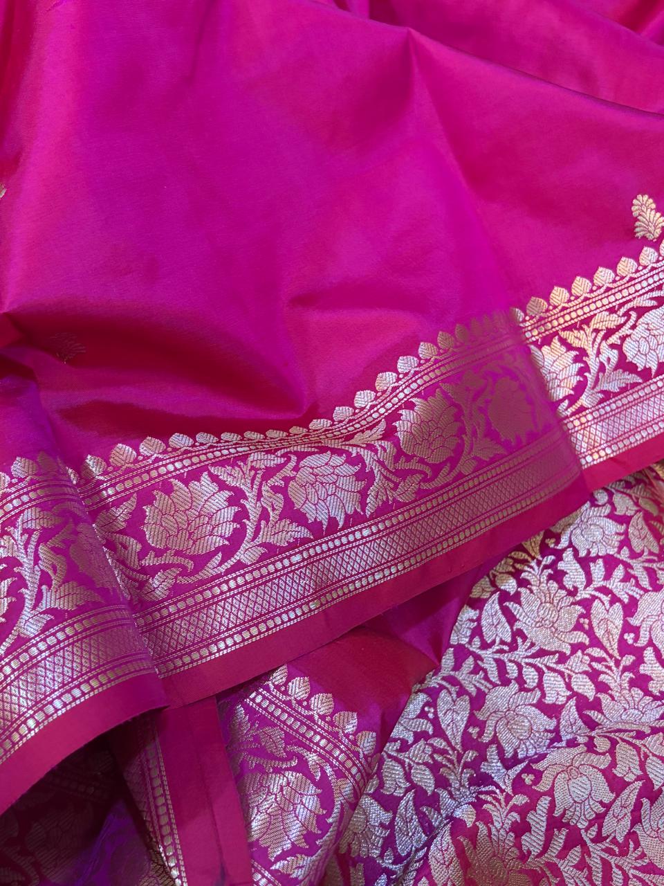 Hot Pink Handloom Banarasi Katan Silk Saree with Kadwa Buttis  Silver Zari Weaving