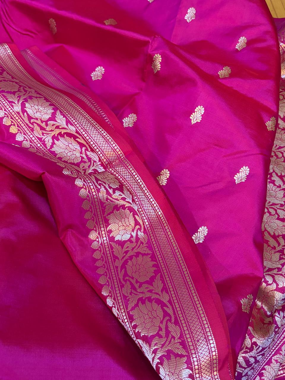 Hot Pink Handloom Banarasi Katan Silk Saree with Kadwa Buttis  Silver Zari Weaving