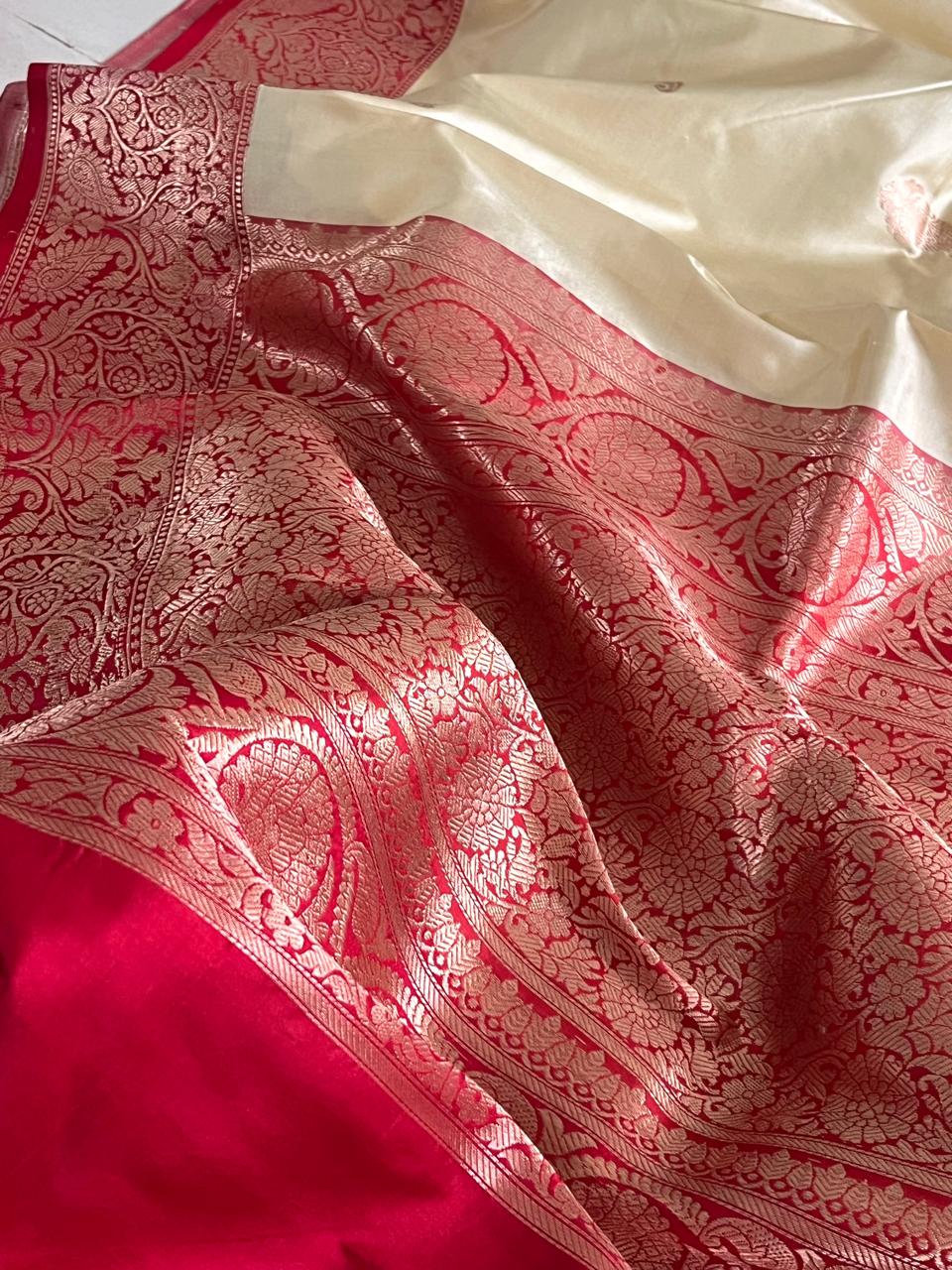 Pure Handloom Banarasi Katan Silk saree - Off-White with Red