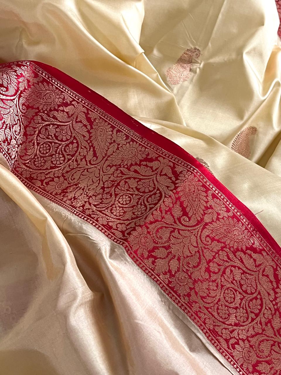 Pure Handloom Banarasi Katan Silk saree - Off-White with Red