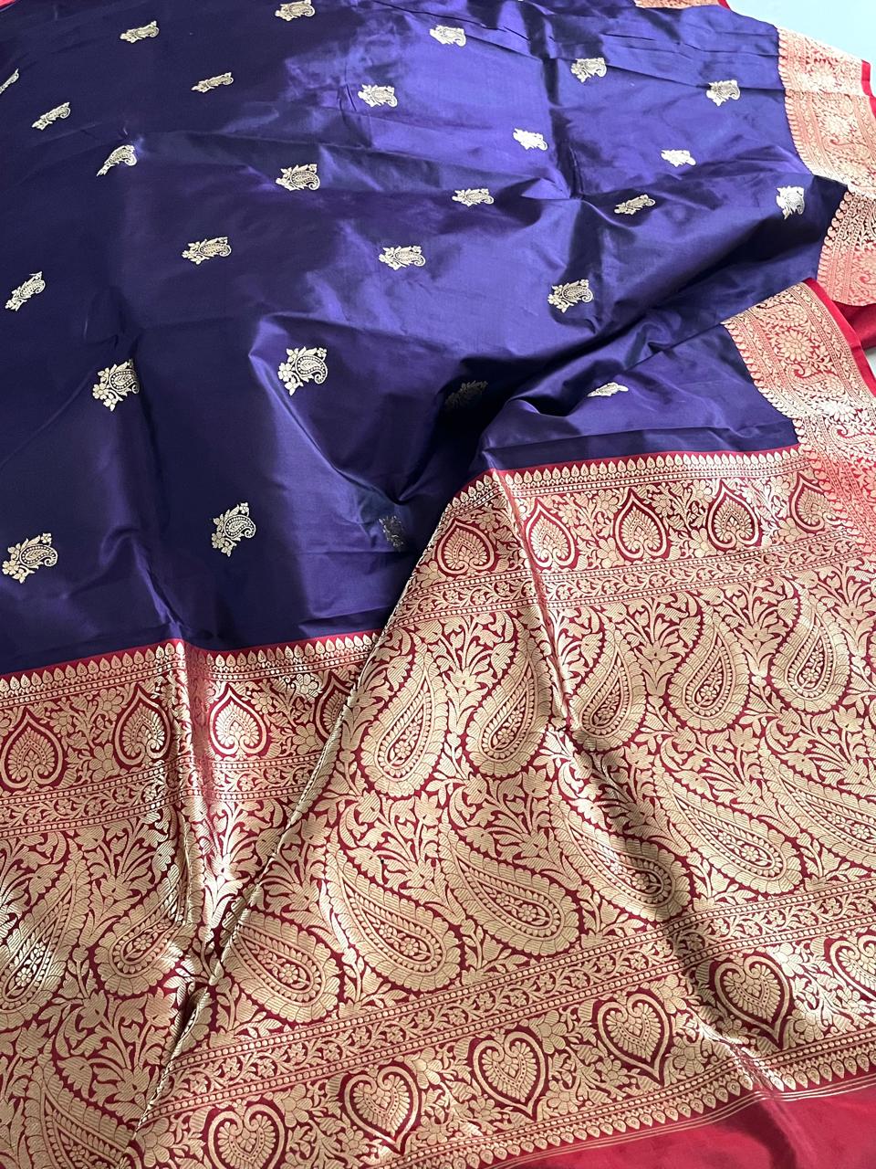 Pure Handloom Banarasi Katan Silk saree - Deep Purple with Red