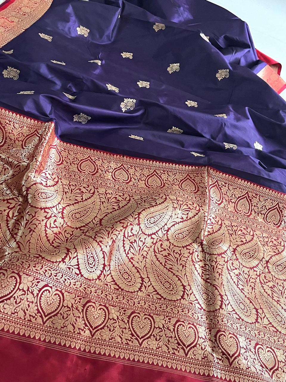 Pure Handloom Banarasi Katan Silk saree - Deep Purple with Red